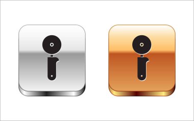 Beyaz arka planda siyah pizza bıçak ikonu var. Pizza kesme tabelası. Çelik mutfak gereçleri. Gümüş-altın kare düğme. Vektör İllüstrasyonu