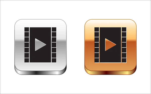 Black Play ícone de vídeo isolado no fundo branco. Tira de filme com sinal de jogo. Botão quadrado prata-ouro. Ilustração vetorial — Vetor de Stock