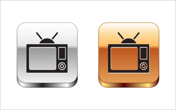 黑色电视图标隔离在白色背景上。电视标志银金方形按钮。矢量插图 — 图库矢量图片
