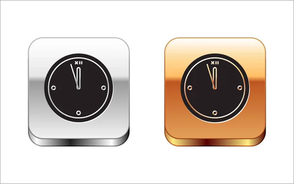 Icono del reloj negro aislado sobre fondo blanco. Símbolo de tiempo. Feliz Navidad y Feliz Año Nuevo. Botón cuadrado plata-oro. Ilustración vectorial — Vector de stock