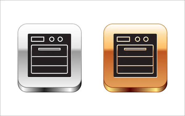 Black Oven icon isolated on white background. Stove gas oven sign. Silver-gold square button. Vector Illustration — Stock Vector