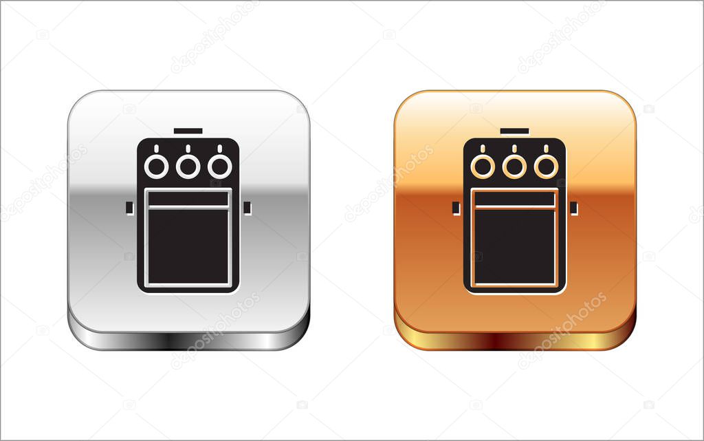 Black Guitar pedal icon isolated on white background. Musical equipment. Silver-gold square button. Vector Illustration