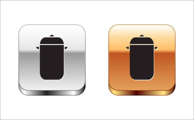 Beyaz arka planda siyah tencere simgesi izole edildi. Haşlama ya da güveç besin sembolü. Gümüş-altın kare düğme. Vektör İllüstrasyonu