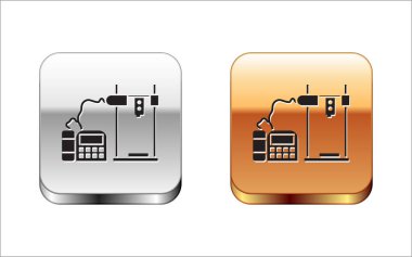 Siyah 3d yazıcı simgesi beyaz arkaplanda izole edildi. Gümüş-altın kare düğme. Vektör İllüstrasyonu