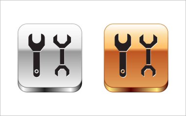 Siyah Spanner simgesi beyaz arkaplanda izole edildi. Gümüş-altın kare düğme. Vektör İllüstrasyonu