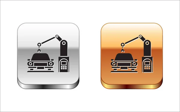 Robot robot de la máquina industrial negro mano en el icono de la fábrica del coche aislado sobre fondo blanco. Automatización industrial de producción de automóviles. Botón cuadrado plata-oro. Ilustración vectorial — Archivo Imágenes Vectoriales