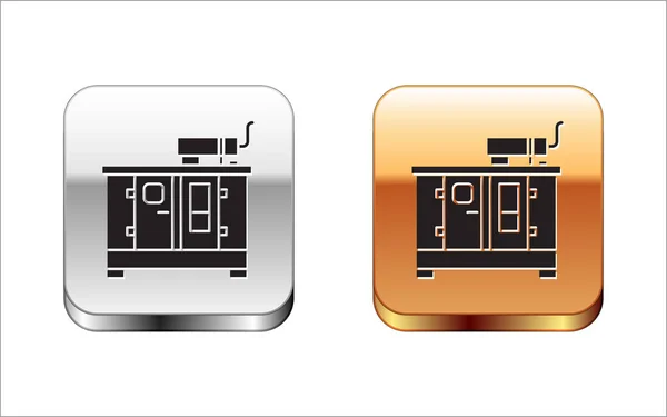 Zwarte Diesel generator pictogram geïsoleerd op witte achtergrond. Industriële en huis onroerende energiegenerator. Zilverkleurig-gouden vierkante knop. Vector Illustratie — Stockvector