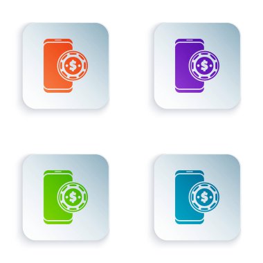 Renkli Online poker masası simgesi beyaz arkaplanda izole edildi. İnternetteki kumarhane. Renkli kare düğmelere simgeleri yerleştir. Vektör İllüstrasyonu