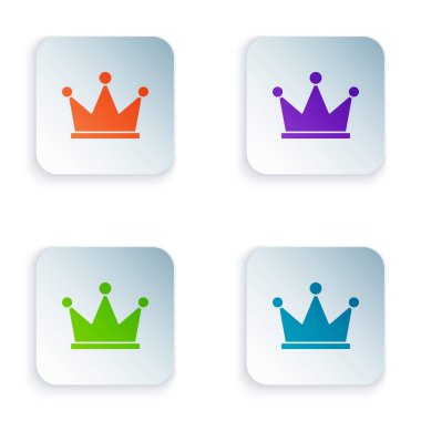 Beyaz arkaplanda izole edilmiş renkli Crown simgesi. Renkli kare düğmelere simgeleri yerleştir. Vektör İllüstrasyonu