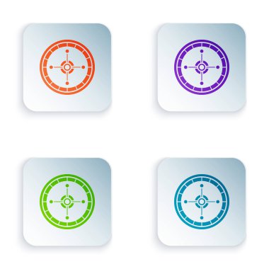 Renkli Kumarhane rulet tekerleği simgesi beyaz arkaplanda izole edilmiş. Renkli kare düğmelere simgeleri yerleştir. Vektör İllüstrasyonu