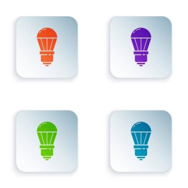 Beyaz arkaplanda izole edilmiş renkli Led ampul simgesi. Ekonomik Liderlik Ampulü. Enerji lambasını sakla. Renkli kare düğmelere simgeleri yerleştir. Vektör İllüstrasyonu