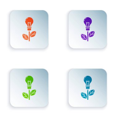 Beyaz arkaplanda yaprak simgesi olan renkli ampul. Çevre enerjisi kavramı. Alternatif enerji kavramı. Renkli kare düğmelere simgeleri yerleştir. Vektör İllüstrasyonu