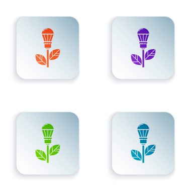 Beyaz arkaplanda yaprak simgesi olan renkli ampul. Çevre enerjisi kavramı. Alternatif enerji kavramı. Renkli kare düğmelere simgeleri yerleştir. Vektör İllüstrasyonu