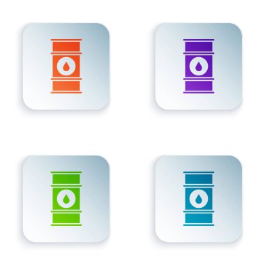 Renkli yağ fıçısı simgesi beyaz arkaplanda izole edildi. Yağ bidonu. Bilgi grafikleri, yakıt, endüstri, güç, ekoloji için. Renkli kare düğmelere simgeleri yerleştir. Vektör İllüstrasyonu