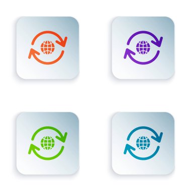 Color Planet earth ve beyaz arka plan üzerinde izole edilmiş bir geri dönüşüm simgesi. Çevre kavramı. Simgeleri renkli kare düğmelere ayarlayın. Vektör İllüstrasyonu