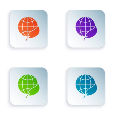 Renkli Dünya küresi ve beyaz arka plan üzerinde izole yaprak simgesi. Dünya veya Dünya işareti. Geometrik şekiller. Çevre kavramı. Simgeleri renkli kare düğmelere ayarlayın. Vektör İllüstrasyonu