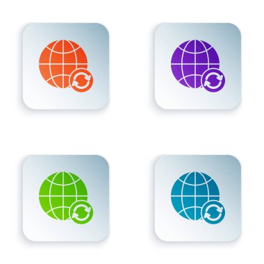 Color Planet earth ve beyaz arka plan üzerinde izole edilmiş bir geri dönüşüm simgesi. Çevre kavramı. Simgeleri renkli kare düğmelere ayarlayın. Vektör İllüstrasyonu