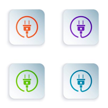 Beyaz arkaplanda izole edilmiş renk elektrik dolgusu simgesi. Bağlantı kavramı ve elektriğin kesilmesi. Renkli kare düğmelere simgeleri yerleştir. Vektör İllüstrasyonu