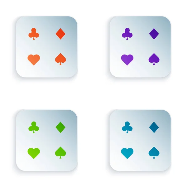 Ícone de cartas de jogo de cor isolado no fundo branco. Jogo de casino. Definir ícones em botões quadrados coloridos. Ilustração vetorial — Vetor de Stock
