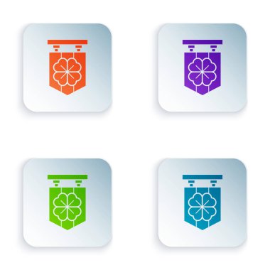 Beyaz arka planda dört yapraklı yonca simgesi olan Color Street tabelası. Reklamlar için uygun bar, kafe, bar. Renkli kare düğmelere simgeleri yerleştir. Vektör İllüstrasyonu