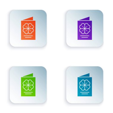 Renkli Aziz Patrick Günü parti ilanı, broşür, tatil davetiyesi, kartpostal, beyaz arka planda izole edilmiş kurumsal kutlama ikonu. Renkli kare düğmelere simgeleri yerleştir. Vektör İllüstrasyonu