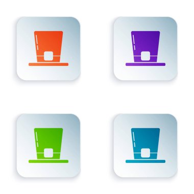 Beyaz arkaplanda renkli leprikon şapka simgesi izole edildi. Aziz Patrick gününüz kutlu olsun. Renkli kare düğmelere simgeleri yerleştir. Vektör İllüstrasyonu