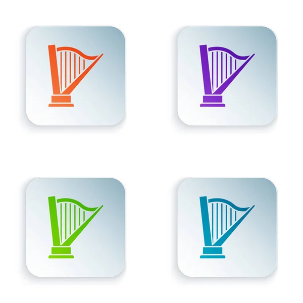 Färg Harp ikonen isolerad på vit bakgrund. Klassiskt musikinstrument, orkestra strängakustiskt element. Ställ ikoner i färgglada fyrkantiga knappar. Vektor Illustration — Stock vektor