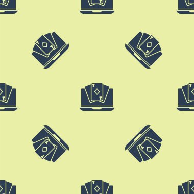 Mavi Online poker masası ikonu sarı arkaplanda izole edilmiş pürüzsüz desen. İnternetteki kumarhane. Vektör İllüstrasyonu