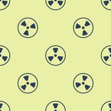 Mavi Radyoaktif simge sarı arkaplanda izole edilmiş pürüzsüz desen. Radyoaktif zehirli sembol. Radyasyon tehlikesi işareti. Vektör İllüstrasyonu