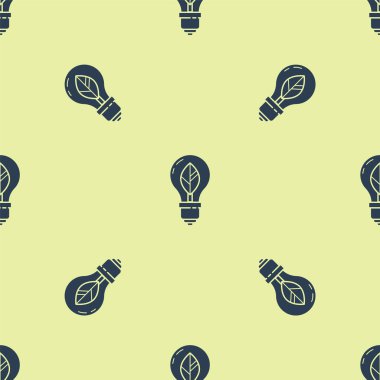 Yaprak simgesine sahip mavi ampul sarı arkaplandaki pürüzsüz deseni izole etti. Çevre enerjisi kavramı. Alternatif enerji kavramı. Vektör İllüstrasyonu