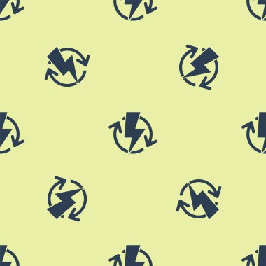 Mavi şarj simgesi izole edilmiş, sarı arkaplanda pürüzsüz desen. Elektrik enerjisi işareti. Vektör İllüstrasyonu
