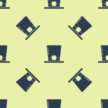 Mavi Leprikon şapka ikonu sarı arka planda kusursuz desen izole etti. Aziz Patrick gününüz kutlu olsun. Vektör İllüstrasyonu