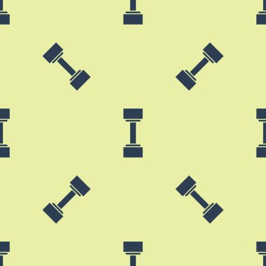 Mavi Dumbbell simgesi sarı arka planda kusursuz deseni izole etti. Kas kaldırma ikonu, fitness halteri, beden eğitimi ikonu, spor malzemeleri sembolü, egzersiz bumbzili. Vektör İllüstrasyonu