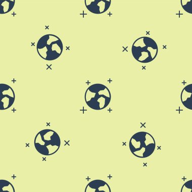 Mavi Dünya dünya simgesi sarı arka plan üzerinde sorunsuz desen izole. Dünya veya Dünya işareti. Küresel internet sembolü. Geometrik şekiller. Vektör İllüstrasyonu