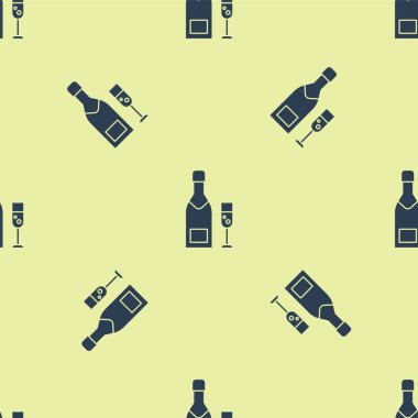 Mavi şampanya şişesi ve bir bardak şampanya ikonu sarı arka planda izole edilmiş pürüzsüz desen. Mutlu Noeller ve mutlu yıllar. Vektör İllüstrasyonu