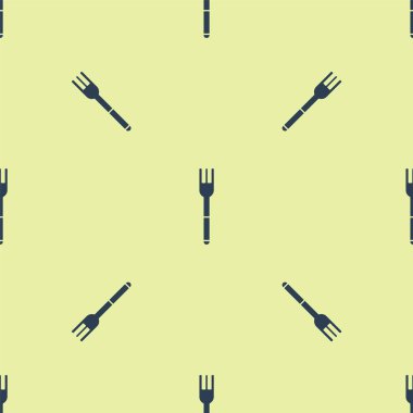 Mavi Çatal simgesi sarı arkaplandaki kusursuz deseni izole etti. Çatal bıçak sembolü. Vektör İllüstrasyonu