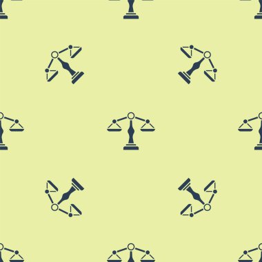 Adalet ikonunun mavi pulları sarı arka planda izole edilmiş pürüzsüz desen. Hukuk mahkemesi sembolü. Denge tabelaları. Vektör İllüstrasyonu