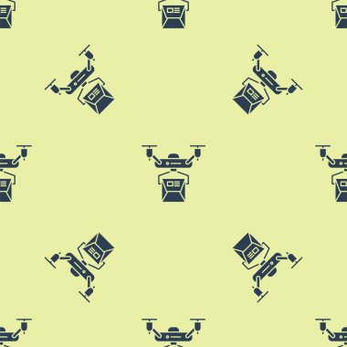 Mavi İHA dağıtım konsepti ikonu sarı arka planda kusursuz desen izole etti. Quadrocopter bir paket taşıyor. Ulaşım, lojistik konsept. Vektör İllüstrasyonu