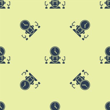 Mavi Robot ve Dijital Zaman Yöneticisi ikonu sarı arka planda kusursuz desen izole etti. Zaman yönetimi yardımı, iş akışı optimizasyonu yardımı. Vektör İllüstrasyonu