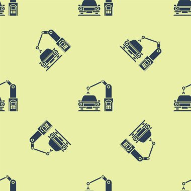 Mavi Endüstri Makinesi robot kolu araba fabrikası ikonu üzerinde izole edilmiş sarı arka planda pürüzsüz desen. Endüstriyel otomobil üretimi. Vektör İllüstrasyonu