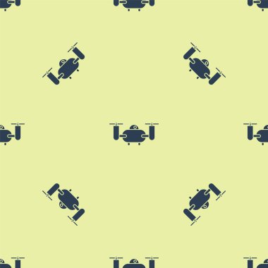 Aksiyon video kamera ikonu ile uçan Mavi Drone sarı arka planda izole edilmiş kusursuz desen. Video ve fotoğraf makinesi sembollü dörtlü helikopter. Vektör İllüstrasyonu