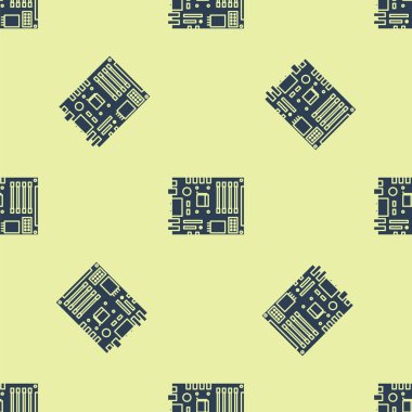 Mavi Elektronik bilgisayar bileşenleri anakart dijital çip entegre bilim ikonu izole edilmiş sarı arkaplan üzerinde kusursuz desen. Devre kartı. Vektör İllüstrasyonu