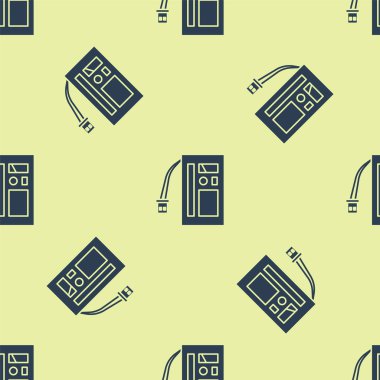 Mavi Batarya simgesi sarı arkaplandaki kusursuz deseni izole etti. Akümülatör bataryası enerji ve elektrik akümülatörü bataryası. Vektör İllüstrasyonu