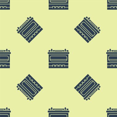 Mavi Araba akü simgesi sarı arka plan üzerinde sorunsuz desen izole. Akümülatör pil enerji gücü ve elektrik akümülatör pil. Vektör İllüstrasyonu