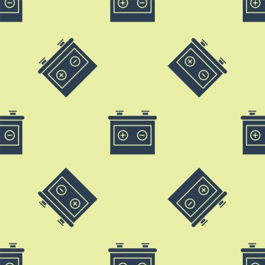 Mavi Araba akü simgesi sarı arka plan üzerinde sorunsuz desen izole. Akümülatör pil enerji gücü ve elektrik akümülatör pil. Vektör İllüstrasyonu