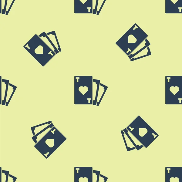 Carte à jouer bleue avec icône de symbole de coeur motif isolé sans couture sur fond jaune. Casino de jeu. Illustration vectorielle — Image vectorielle
