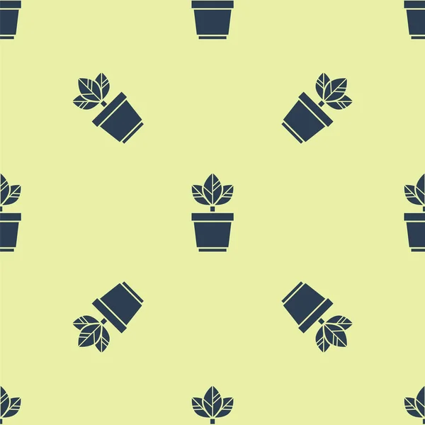 Blauwe bloemen in pot pictogram geïsoleerd naadloos patroon op gele achtergrond. Planten groeien in een pot. Plantenteken. Vector Illustratie — Stockvector