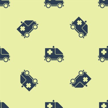 Mavi ambülans ve acil durum arabası ikonu sarı arka planda izole edilmiş pürüzsüz desen. Ambulans aracı tıbbi tahliye. Vektör İllüstrasyonu
