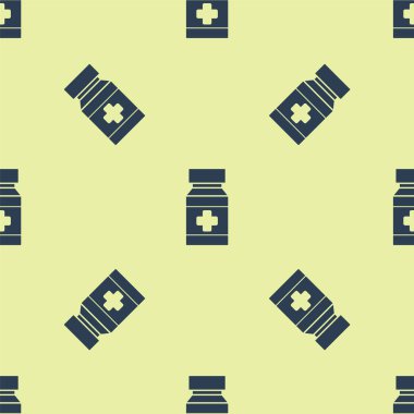 Mavi Köpek ilaç şişesi ve ilaç ikonu sarı arka planda izole edilmiş pürüzsüz desen. İçinde haplar olan konteynır. Hayvan için reçeteli ilaç. Vektör İllüstrasyonu