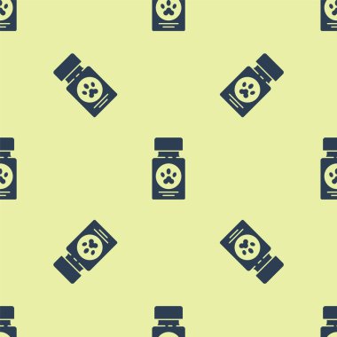 Mavi Köpek ilaç şişesi ve ilaç ikonu sarı arka planda izole edilmiş pürüzsüz desen. İçinde haplar olan konteynır. Hayvan için reçeteli ilaç. Vektör İllüstrasyonu